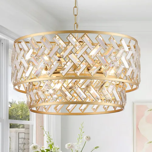 Vista 19 de CATINER - Candelabro de cristal dorado de 18 pulgadas, colgante semiempotrado de 6 luces grande dorado