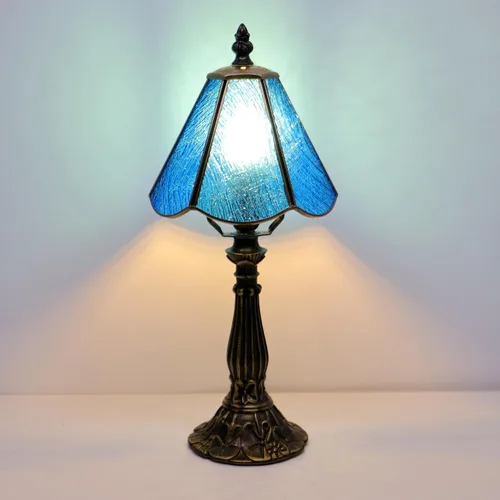 Vista 8 de Tiffany Style Table Lamp Blue Rippled Stained Glass Lamp 14 Inch Small Lamp,Desk Lamps,6X6X14 Inch,Bronze Resin Base, Antique Lamp,Mini Accent