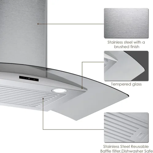 Vista 7 de Campana extractora de pared curva de vidrio de 30 pulgadas con 450 CFM de acero inoxidable, convertible sin conductos/con conductos con extractor
