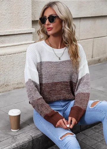 Vista 4 de Suéter de manga larga con cuello redondo y rayas para mujer, suéter de punto suave, ajuste holgado
