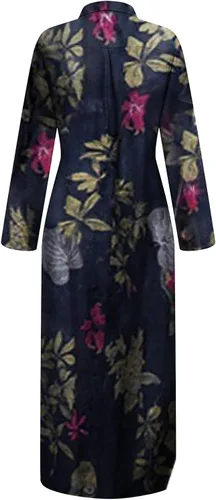 Vista 4 de Vestidos de mujer a la moda, casual, estampado a cuadros, panel de solapa, recto, manga larga, suelto, vestido largo