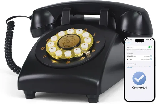 Vista 6 de Teléfono fijo Bluetooth Teléfono giratorio retro compatible con asistente de voz Diálogo inteligente, reproducción de música, llamadas manos libres