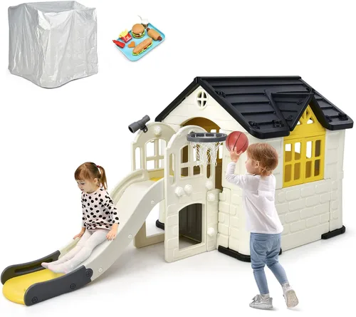 Vista 9 de Costzon Juego de casa de juegos y tobogán para niños, casa de juegos 7 en 1 al aire libre con puertas y ventanas de trabajo, mesa de picnic, juego