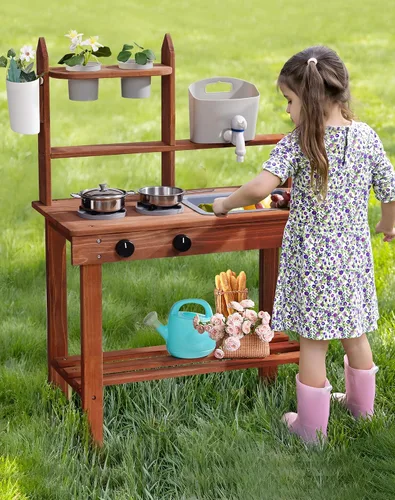 Vista 8 de ROBUD Cocina de barro para niños al aire libre, cocina de madera al aire libre, cocina de barro para niños con fregadero y grifo extraíbles