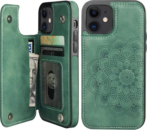 Vista 9 de Vaburs Funda compatible con iPhone 12 y iPhone 12 Pro con tarjetero, diseño de mandala en relieve de flor de piel sintética, doble botones