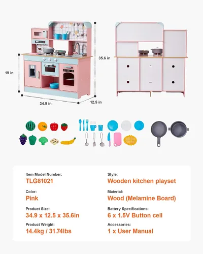 Vista 7 de VEVOR Cocina de Juguete de Madera, Cocina de Juego para Niños con Luces y Sonidos, Cocina Infantil con Máquina de Hielo, Horno, Fregadero