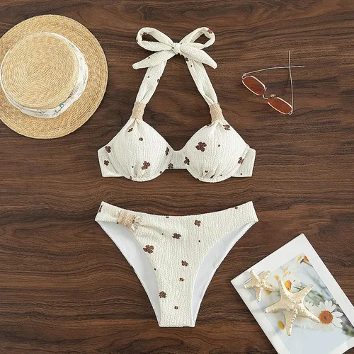 Vista 5 de JUNGE Bikini Set for Women Bathing Suits Push Up Halter Bandage Bikinis Floral Printed Swim Bottoms Beach Two Piece Swimsuits
