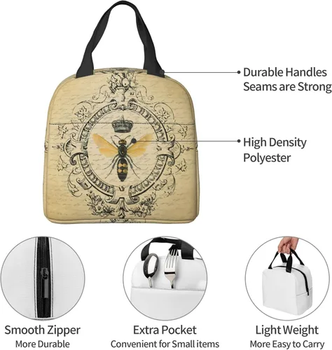 Vista 7 de Bolsa de almuerzo de abeja vintage con aislamiento resistente al agua, lonchera reutilizable para viajes de picnic