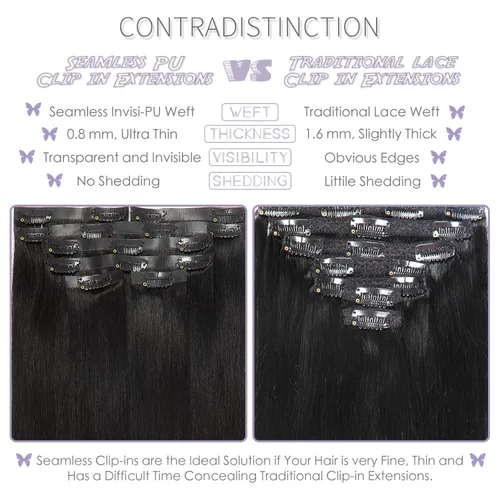 Vista 3 de Lacer Extensiones de cabello humano Remy sin costuras, color negro #1, ultra fino, doble trama de poliuretano, invisible, 7 unidades, 4.33 oz