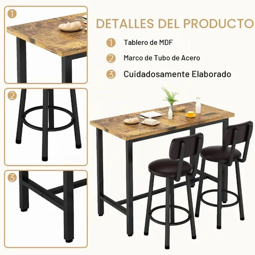 Vista 6 de Juego de mesa de bar y sillas de 3 piezas para 2, juego de comedor rectangular de altura de mostrador, mesa de bar y taburetes para 2, juego
