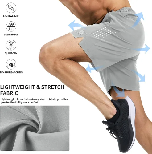 Vista 4 de Pantalones cortos deportivos para correr para hombre, de 7 pulgadas, de secado rápido, ligeros, para entrenamiento, gimnasio, tenis, 3 bolsillos