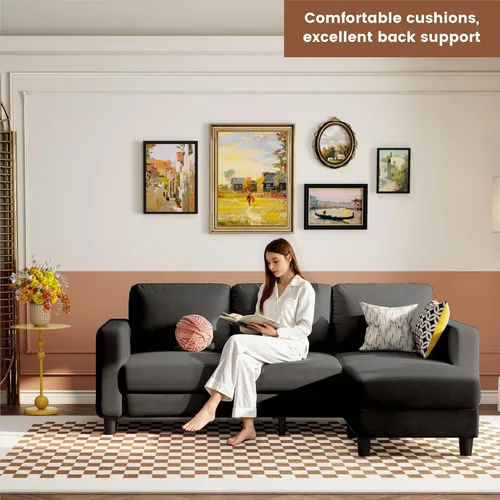 Vista 11 de Sofá modular pequeño de 73 pulgadas con diván reversible, sofá de tela de lino en forma de L con marco de roble macizo y hierro, cojín de asiento