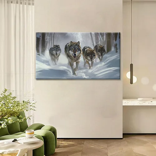 Vista 2 de YONICA Lienzo decorativo para pared, diseño de lobos corriendo en la nieve, mirando a lo lejos, alta definición, giclée, listo para colgar, adecuado
