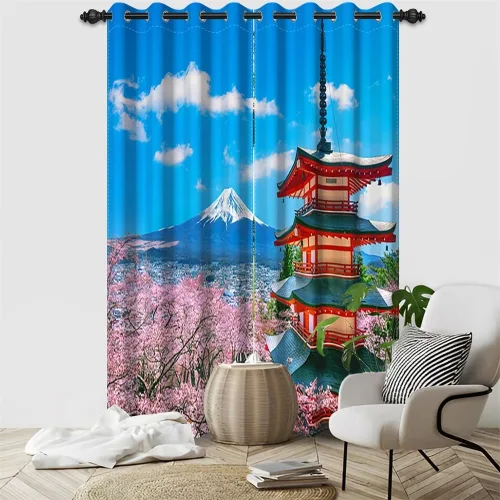 Vista 67 de Cortinas japonesas con pintura de tinta, monte Fuji, sol rojo, puesta de sol, hojas de bambú, cortinas de ventana para dormitorio, sala de estar