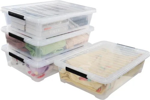 Vista 7 de Paquete de 4 cubos de almacenamiento grandes poco profundos de 40 cuartos de galón, caja de plástico debajo de la cama con ruedas