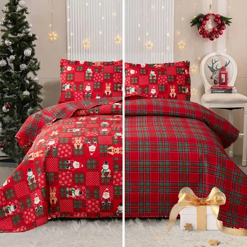 Vista 9 de Juego de colchas navideñas de tamaño queen, reversible, ropa de cama de Navidad rústica, colcha de cabaña, a cuadros, colcha transpirable, reno