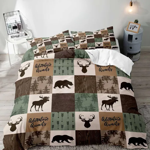 Vista 20 de LUVIVIHOME 2 piezas de funda de edredón con diseño de osos, alces y ciervos en negro, juego de cama individual, ropa de cama rústica de estilo La