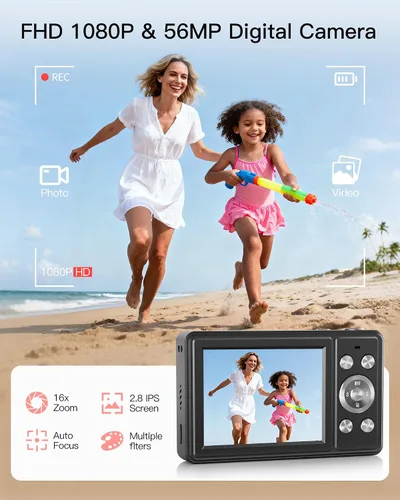 Vista 2 de Cámara digital, cámara FHD 1080P para apuntar y disparar con tarjeta SD de 32 GB, 2 baterías, zoom 16X, antivibraciones, diseño pequeño compacto