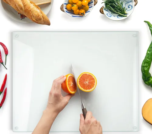 Vista 15 de Tabla de cortar de vidrio Kitchenville 16"x12": Protector de encimera de vidrio templado para la cocina - Duradero - Resistente a los arañazos