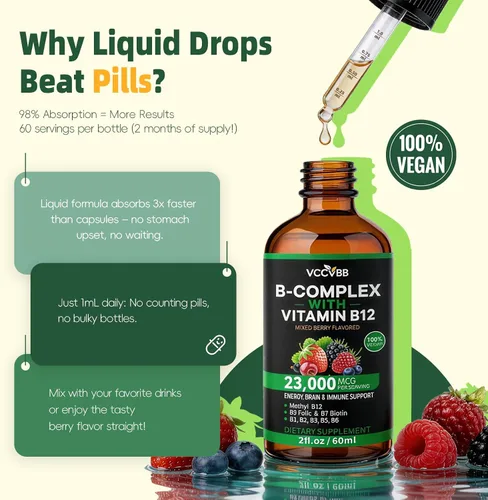 Vista 7 de Gotas de complejo de vitamina B, metilcobalamina activa B12 5000mcg, B6, B1, B2, B5, B7, B3, folato con vitamina C, líquido sublingual B12