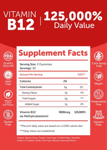 Vista 5 de Lunakai Gomitas de vitamina B12 extra fuertes de 3000 mcg, hechas en Estados Unidos, delicioso apoyo diario de energía y metabolismo, suplemento