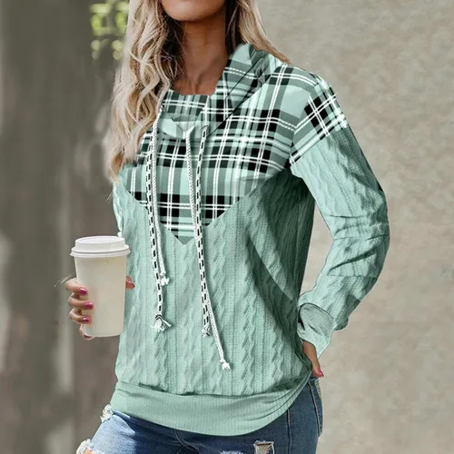 Vista 6 de Womens Texture Hooded Sweatshirt Plaid Patchwork Hoodie Long Sleeve Fashion Tops Cowl Neck Scuba Pullover Shirts