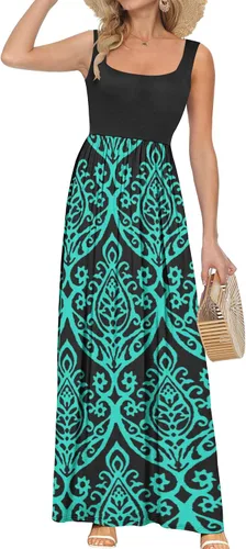 Vista 17 de AUSELILY Vestido largo con cuello cuadrado para mujer, sin mangas, floral, holgado, con bolsillos