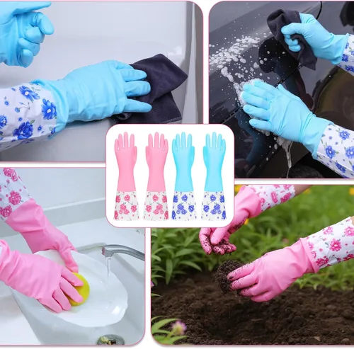 Vista 7 de 2 pares de guantes de limpieza de goma para el hogar, cocina, lavavajillas, guantes de puño largo con forro flocado de algodón, reutilizables