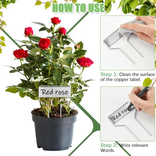 Vista 4 de Moxweyeni 60 etiquetas de metal para jardín, etiquetas impermeables para plantas con 2 bolígrafos permanentes, etiquetas reutilizables para plantas