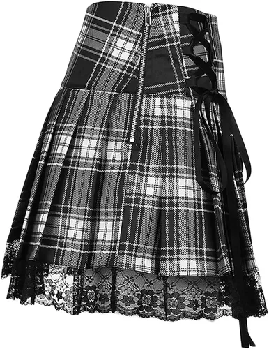 Vista 4 de SFBBCLOZ 2 Piece School Girl Outfit Costume For Women Rave Outfit One-Shoulder Vest Top and Lace Plaid Skirt Set For Women