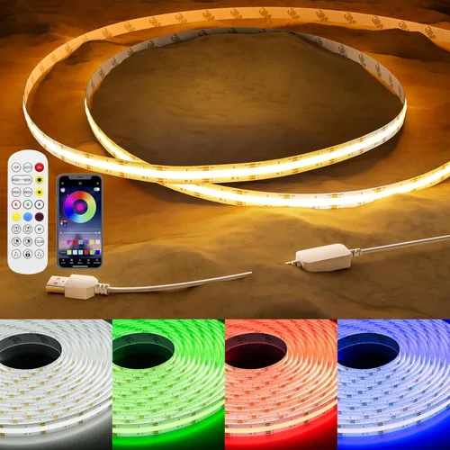 Vista 9 de PAUTIX Tira de luz LED COB USB de 5 V, 6.56 pies/6.6 ft, 1200 lm, regulable, 640 LED, 2700 K, blanco cálido, CRI90+ con retroiluminación de TV