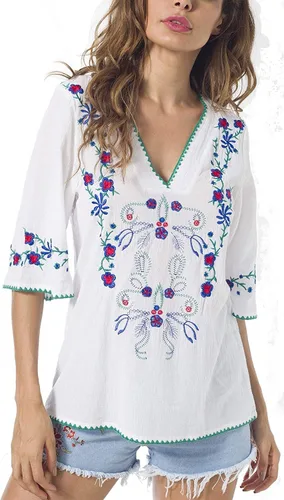 Vista 5 de YZXDORWJ Blusas estilo túnica mexicanas con bordado bohemio de verano para mujer