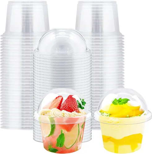 Vista 8 de 50 piezas de vasos de plástico transparente de 8 oz con tapas de cúpula con agujero, vasos de postre desechables, contenedores de comida para llevar