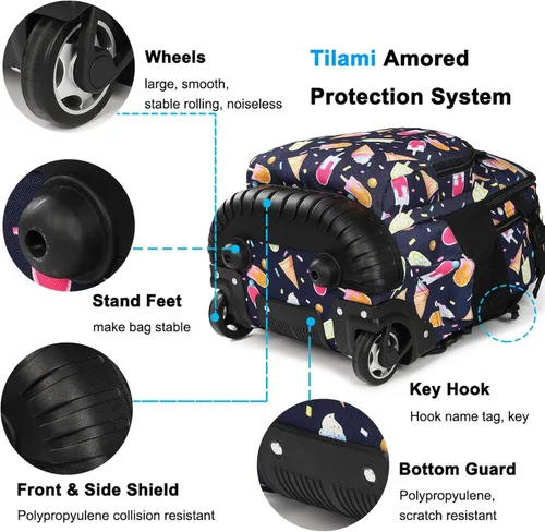 Vista 5 de Tilami Mochila rodante Armadura Equipaje Escuela Libro de Viaje Portátil 18 Pulgadas Mochila con Ruedas Multifunción Estudiantes, negro verano