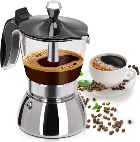 Vista 10 de Olla de vidrio transparente para 4 tazas, 7.4 fl oz, cafetera de acero inoxidable, sin recubrimiento, cafetera de café expreso, estilo italiano