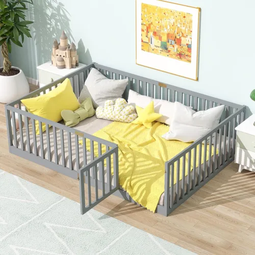 Vista 12 de Cama Montessori de madera tamaño matrimonial con valla de alta Blanco (White F)