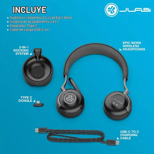 Vista 7 de JLab Epic Work Auriculares inalámbricos con micrófono, cancelación inteligente de ruido activa, centro de carga, más de 90 horas de reproducción