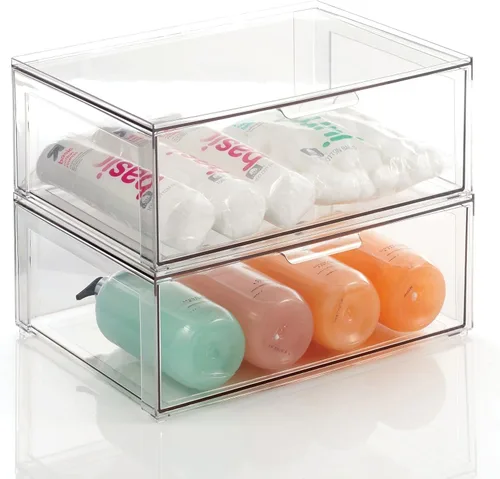 Vista 14 de mDesign - Contenedores organizadores de almacenamiento apilables de plástico para baño con cajón frontal extraíble para encimera de baño, tocador