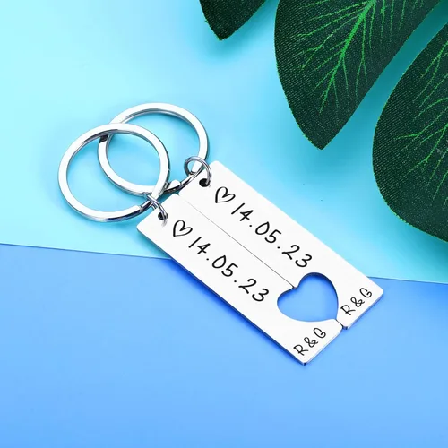 Vista 6 de Llaveros personalizados a juego para parejas, llavero para él, su novio, novia, hombres y mujeres, grabado, aniversario, fecha, regalo de San
