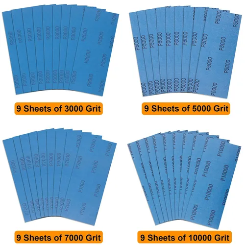 Vista 2 de AUSTOR 36 piezas de papel de lija húmedo y seco 3000 5000 7000 10000 grano surtido de papel de lija abrasivo de 9 x 3.6 pulgadas para lijado