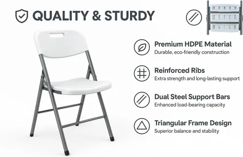 Vista 6 de BTEXPERT Silla plegable blanca con marco de acero, silla plegable comercial resistente, asiento de plástico HDPE, silla de eventos para interiores