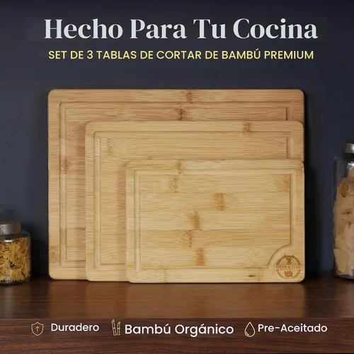 Vista 2 de Deer & Oak Juego de tablas de cortar de bambú de 3 piezas, tablas de cortar de madera previamente engrasadas para cocinas de 13.0 x 9.4 in, 11.0 x