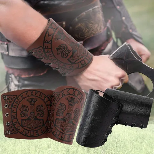 Vista 3 de Brazaletes vikingos, armadura de cuero, martillo de Thor, guanteletes de brazo nórdico en relieve, pulsera medieval LARP con tiro con arco