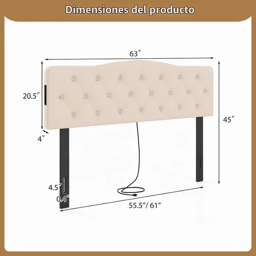 Vista 3 de GIANTEX - Cabecera con estación de carga, tamaño Queen/Matrimonial, tapizada con botones y 2 salidas de CA, puerto USB y tipo C, patas de madera
