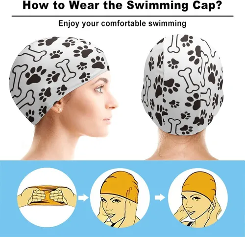 Vista 3 de Gorro de natación unisex con diseño de pata de perro y lazo, impermeable, para pelo largo y corto