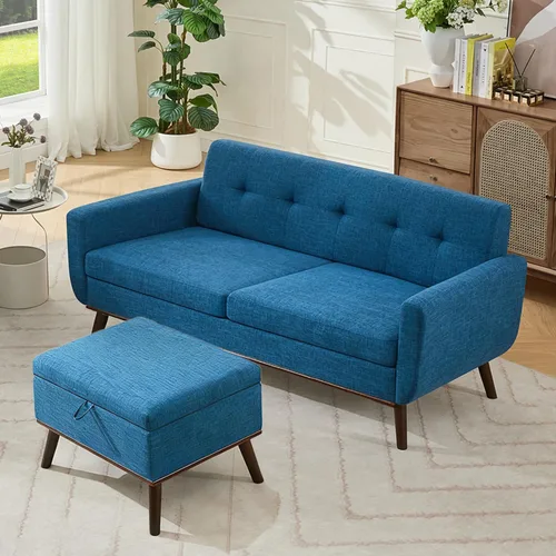 Vista 17 de Kingfun Juegos de muebles de sala de estar, estándar y otomano, sofás de decoración moderna de mediados de siglo, muebles tapizados con botones Beige