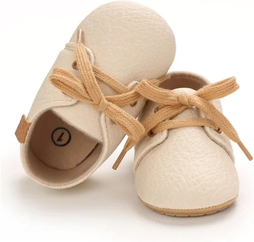 Vista 5 de WILLFUN Zapatos de piel sintética para bebés y niñas suela de goma suave con cordones zapatos Oxford para cuna para niños pequeños que caminan