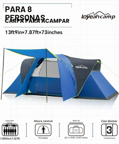 Vista 2 de LOYEAHCAMP Tienda de campaña de 8 personas con cúpula extendida más grande con 3 habitaciones, tienda de campaña familiar impermeable