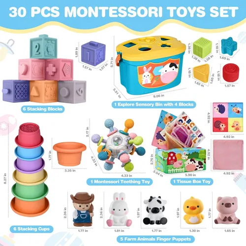 Vista 2 de Juguetes para bebés de 6 a 12 meses, juguetes Montessori 6 en 1 para niños de 1 año, juguete sensorial suave para dentición, tazas y bloques