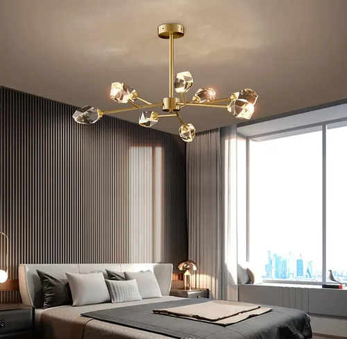 Vista 3 de Flashing God Candelabros Sputnik - Moderno cristal, lámpara de araña dorada de 9 luces para comedor, accesorios de iluminación de cocina Dorado